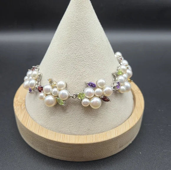 Ross Simons Pearl and Gemstone Bracelet. 7.5 Inch With 2 Inch Extender. - Picture 2 of 5